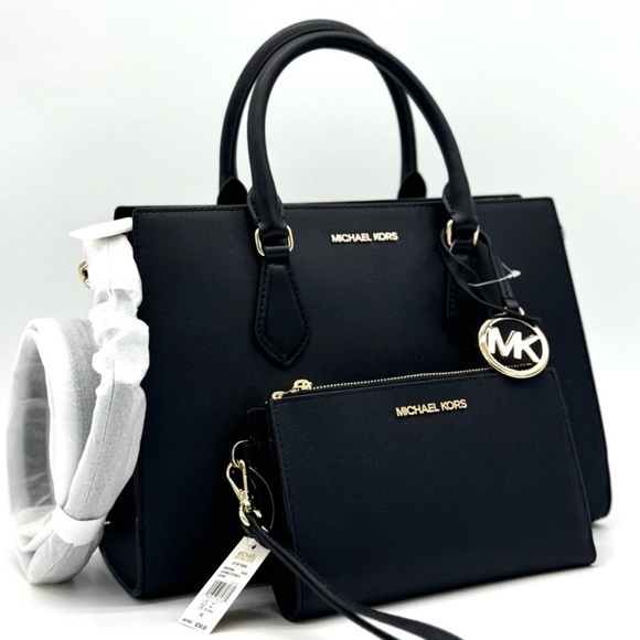 Michael Kors Sheila Medium Satchel Bag & Double Zip Wallet Black/Gold - Picture 1 of 13